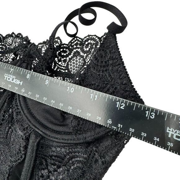 FREDERICKS OF HOLLYWOOD Small Black Lace Demi Cup Sheer Corset Top Garter Clips - Picture 8 of 10